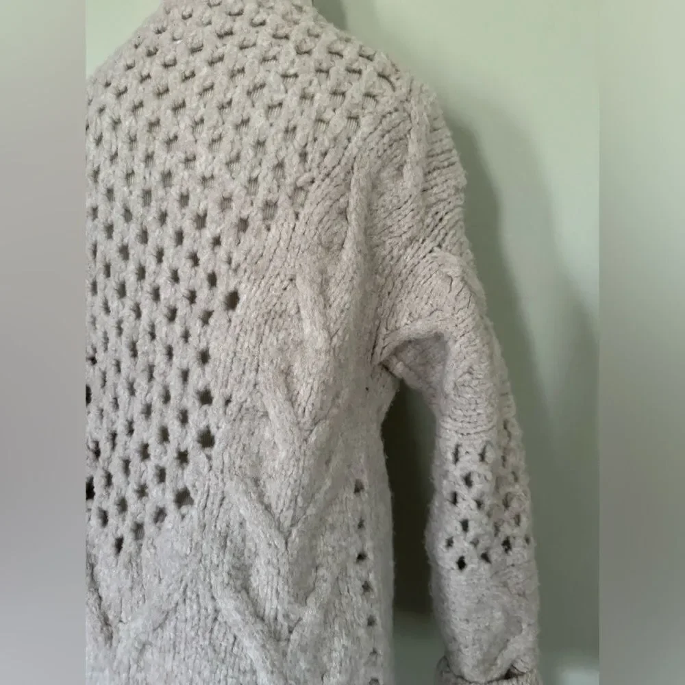 🆕 [I R O] “Air” Beige Cable Knit Wool Blend Long Cardigan Sz: S - Picture 6 of 11